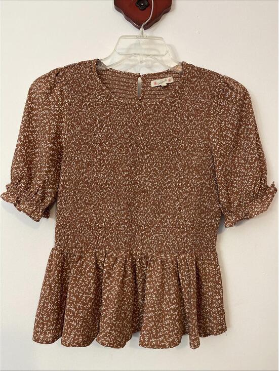 Magnolia Tops - Magnolia Womens Medium Brown Floral Pleated Elastic-Waist Ruffled Blouse! A6846